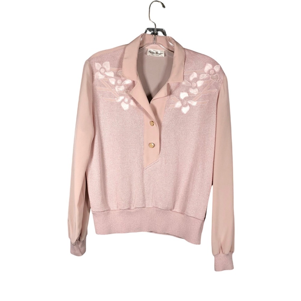 Philippe Marques Vintage Knit Top Womens M Pink Floral Applique‎